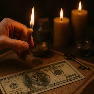 Ritual con velas, billetes y símbolos esotéricos para atraer abundancia económica