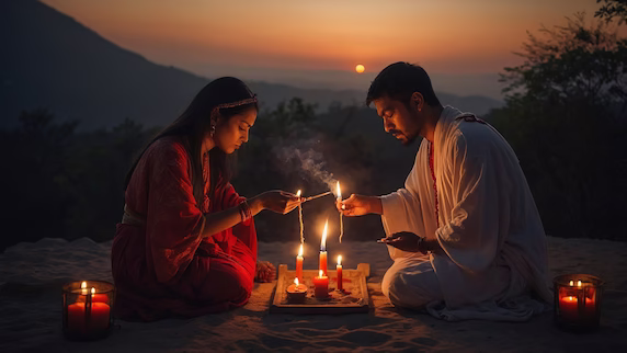 Ritual de unión de pareja con velas al atardecer