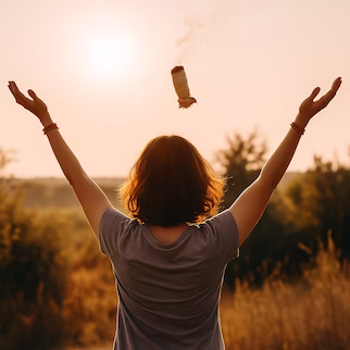 Mujer alzando los brazos durante un ritual de limpieza energética con sahumerio