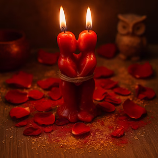 Velas rojas en forma de pareja abrazada, rodeadas de pétalos y elementos rituales